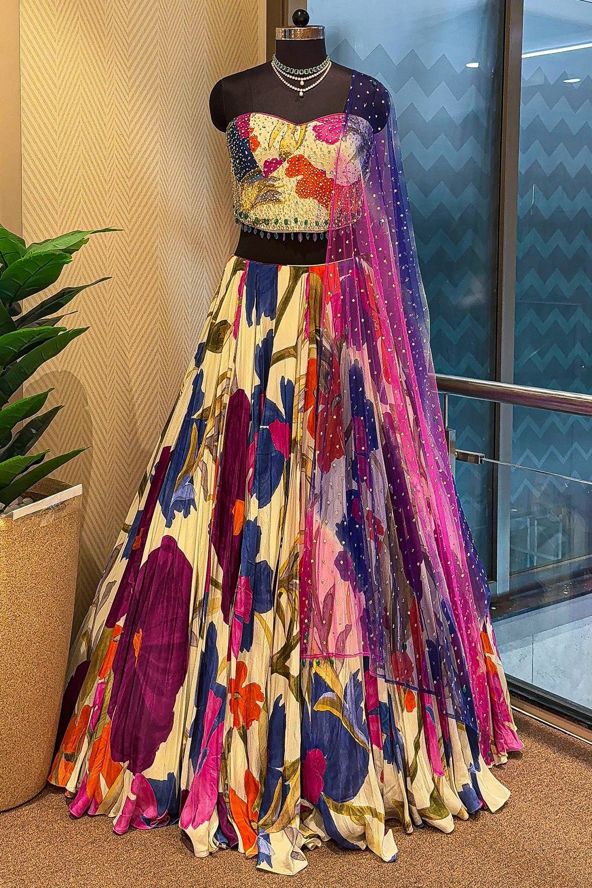 Off White Crepe Silk Floral Printed Flared Lehenga with Beaded Off Shoulder Corset
