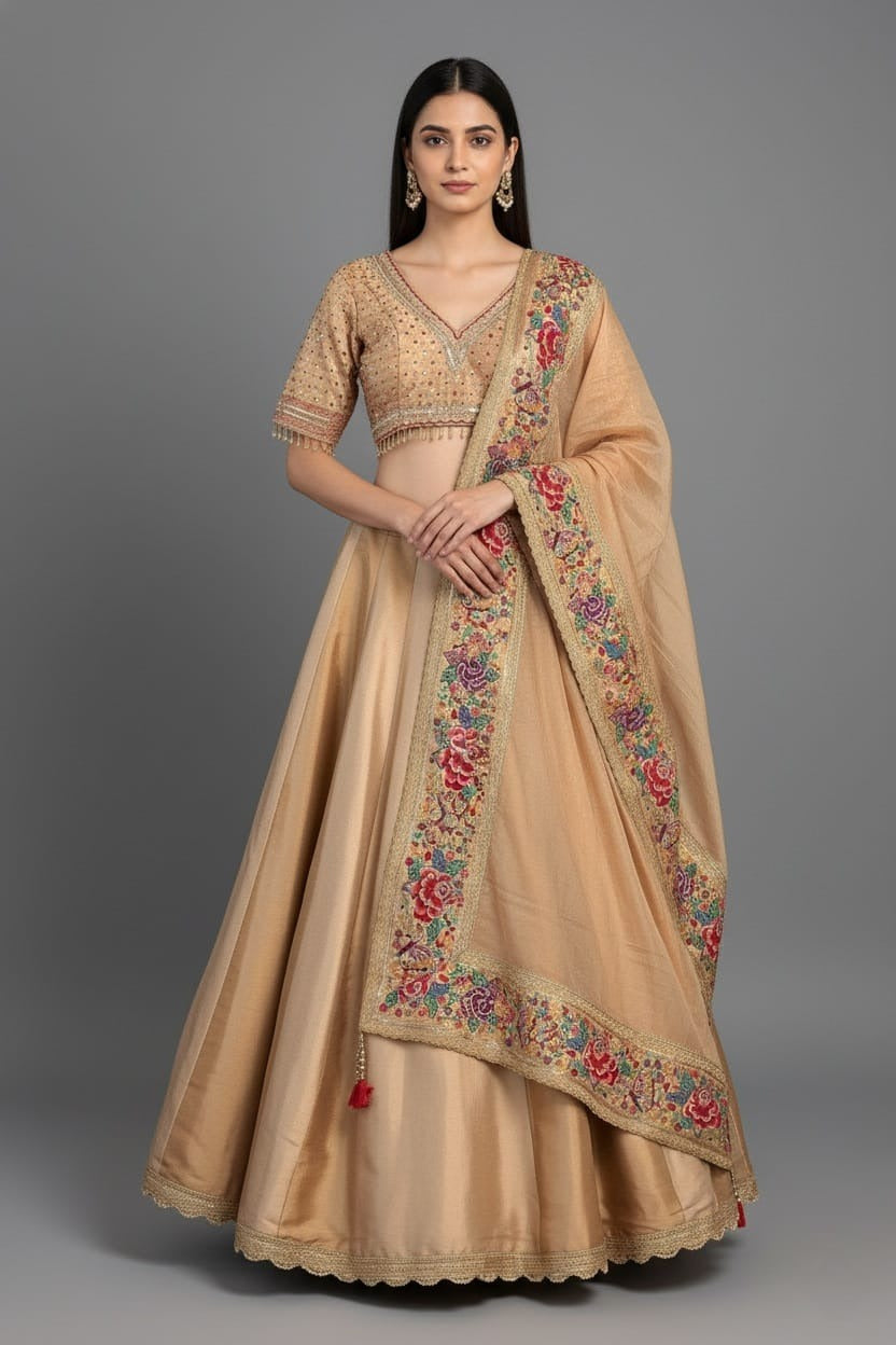 Golden Tissue Silk Lehenga with Petit Point Parsi Embroidered Border Dupatta
