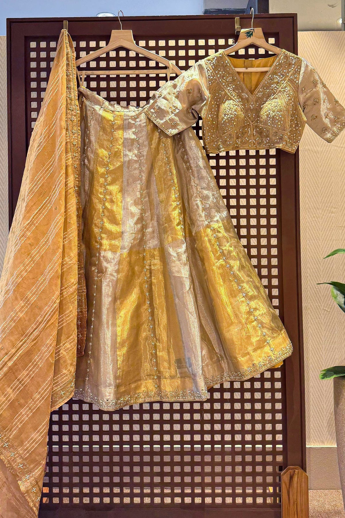 Golden Tissue Silk Beads and Cutdana Worked Lehenga