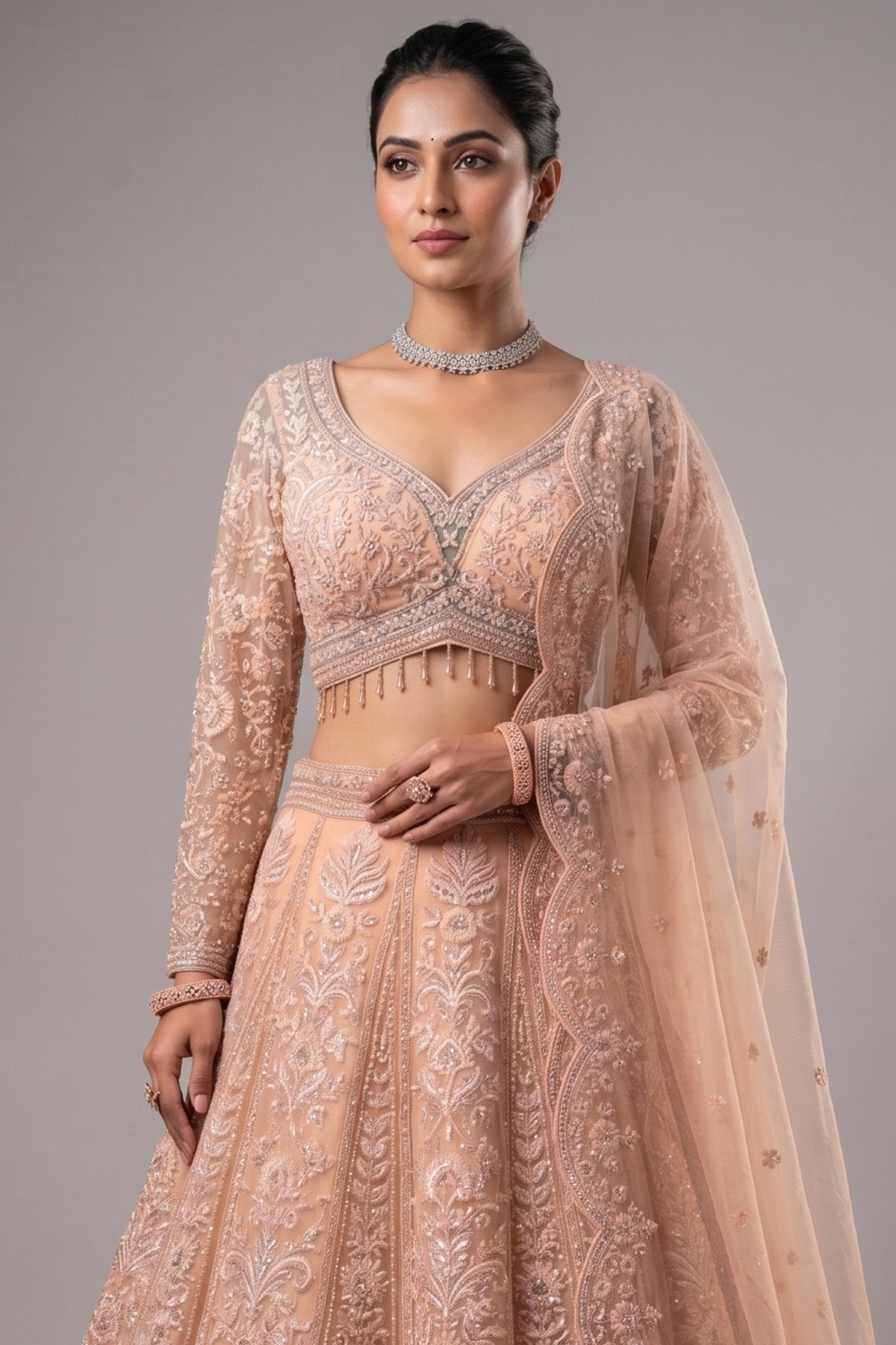 Peach Net Designer Handworked Lehenga