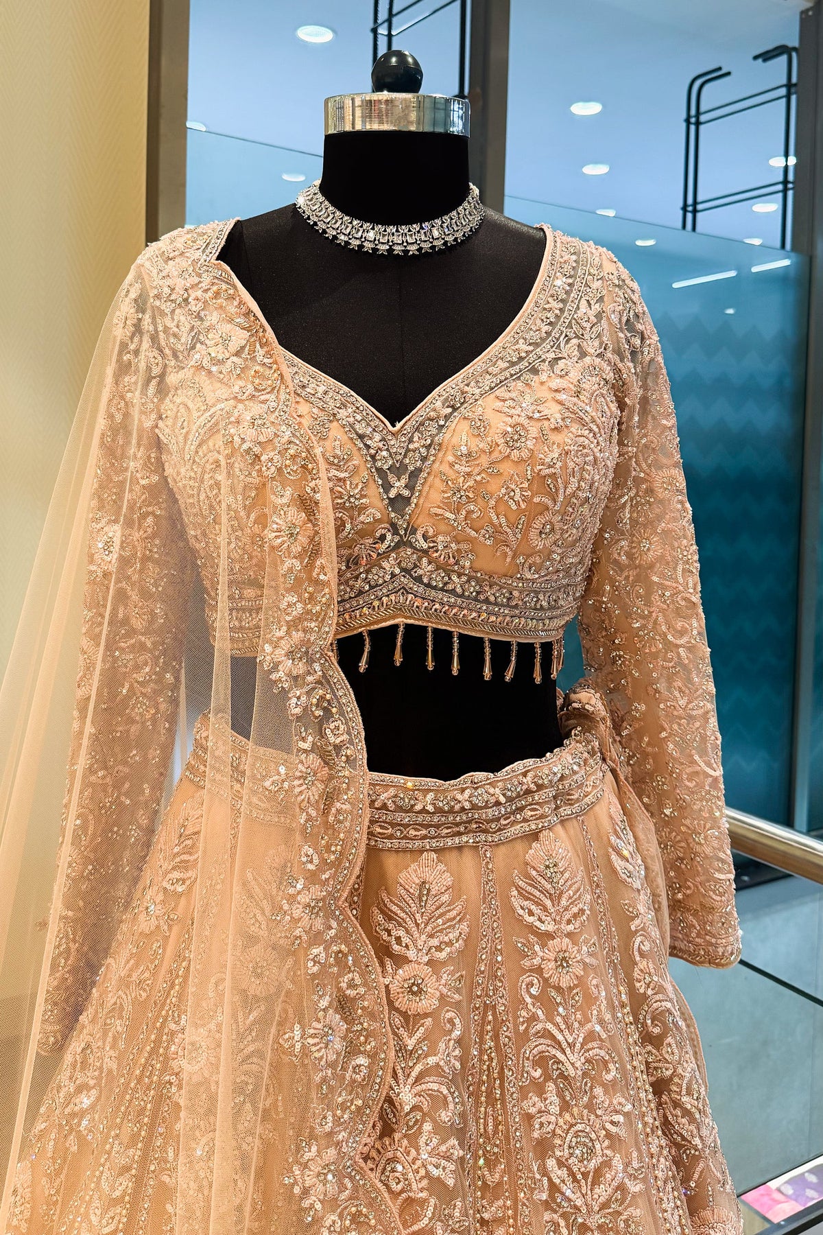 Peach Net Designer Handworked Lehenga