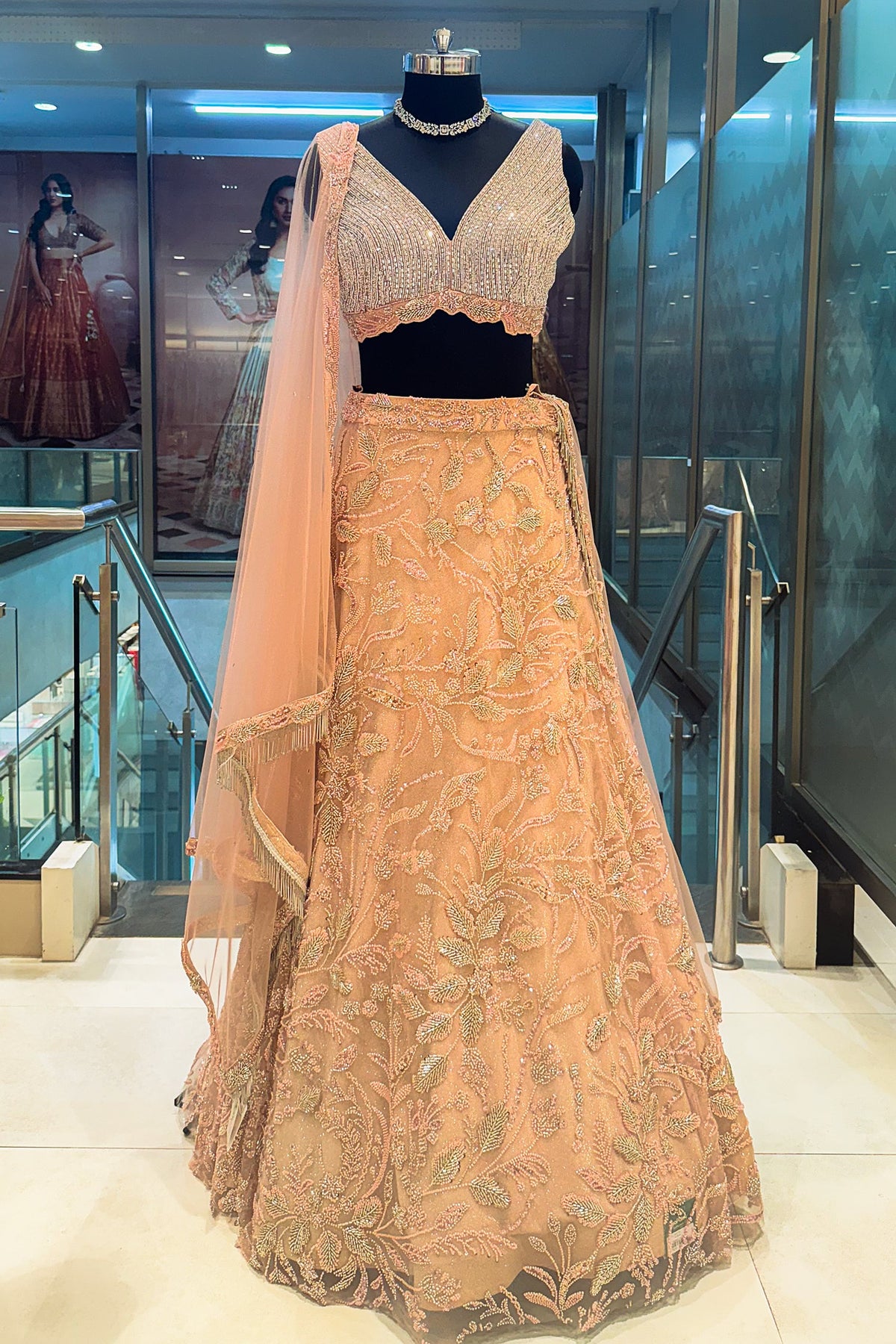 Pink Lycra Net Shimmer Designer Handworked Lehenga