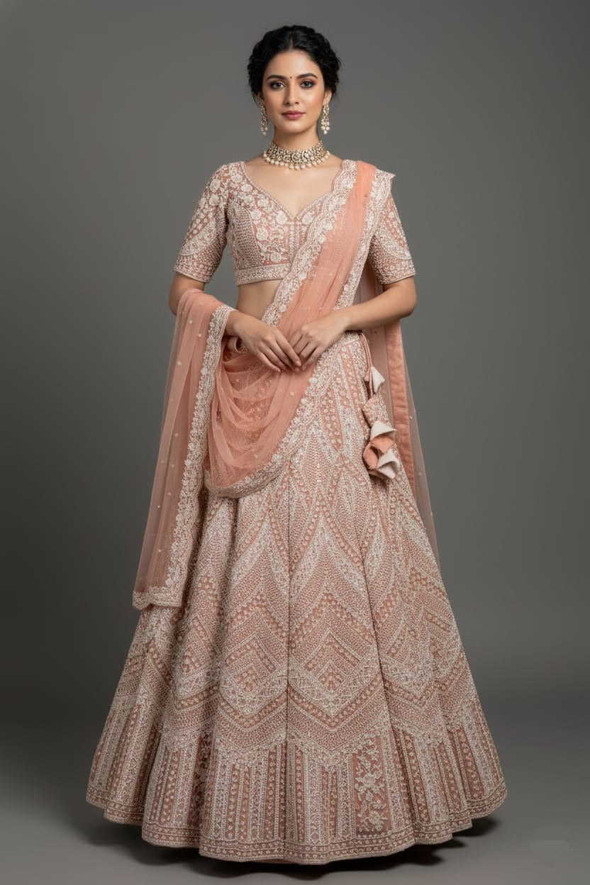 Dusty Rose Pink Net Designer Handoworked Lehenga