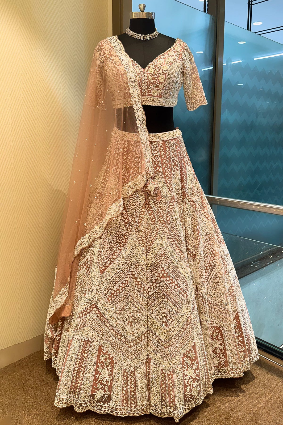 Dusty Rose Pink Net Designer Handoworked Lehenga