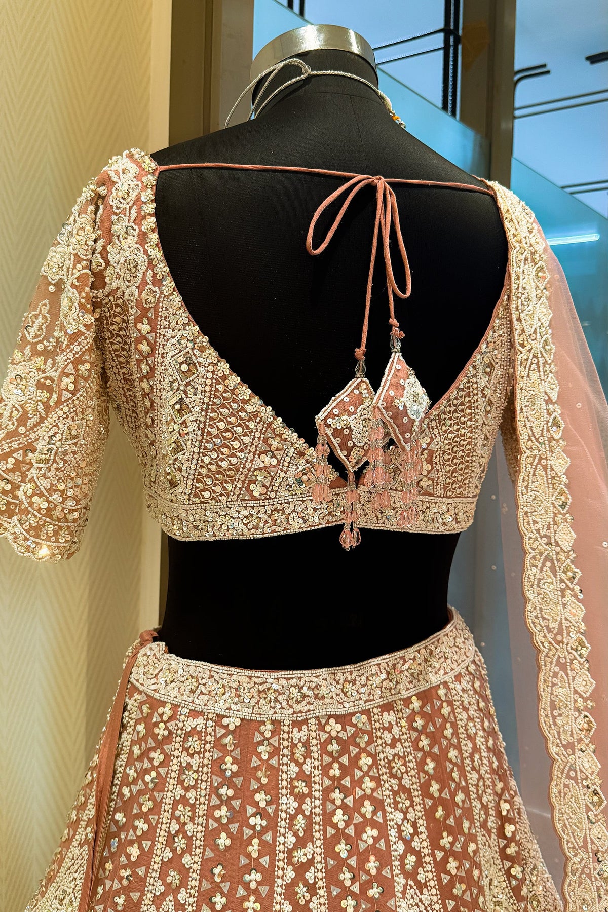 Dusty Rose Pink Net Designer Handoworked Lehenga