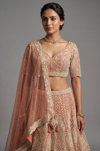 Dusty Rose Pink Net Designer Handoworked Lehenga
