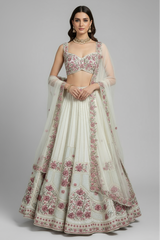 Off White Raw Silk Floral Embroidered Lehenga