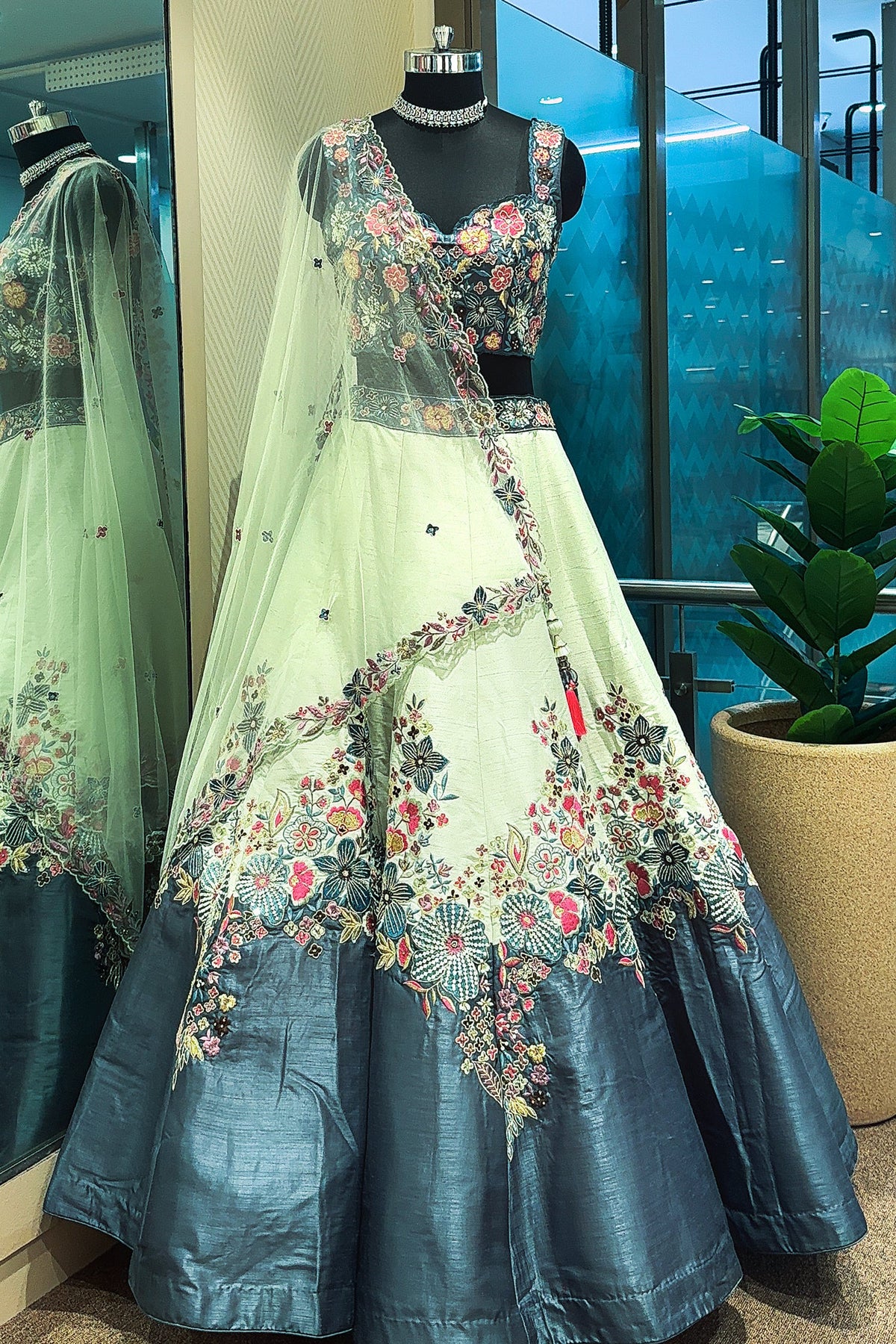 Mint Green and Blue Raw Silk Floral Embroidered Lehenga