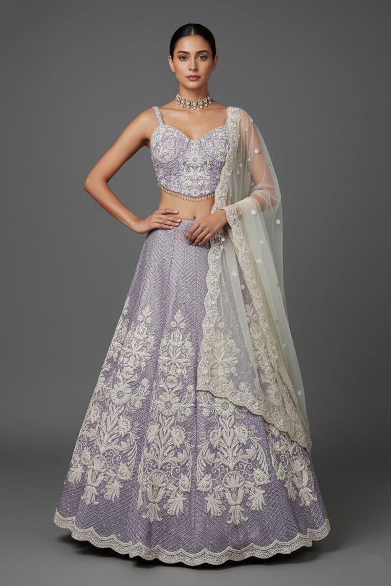 Lavender Purple Net Designer Lehenga with Corset