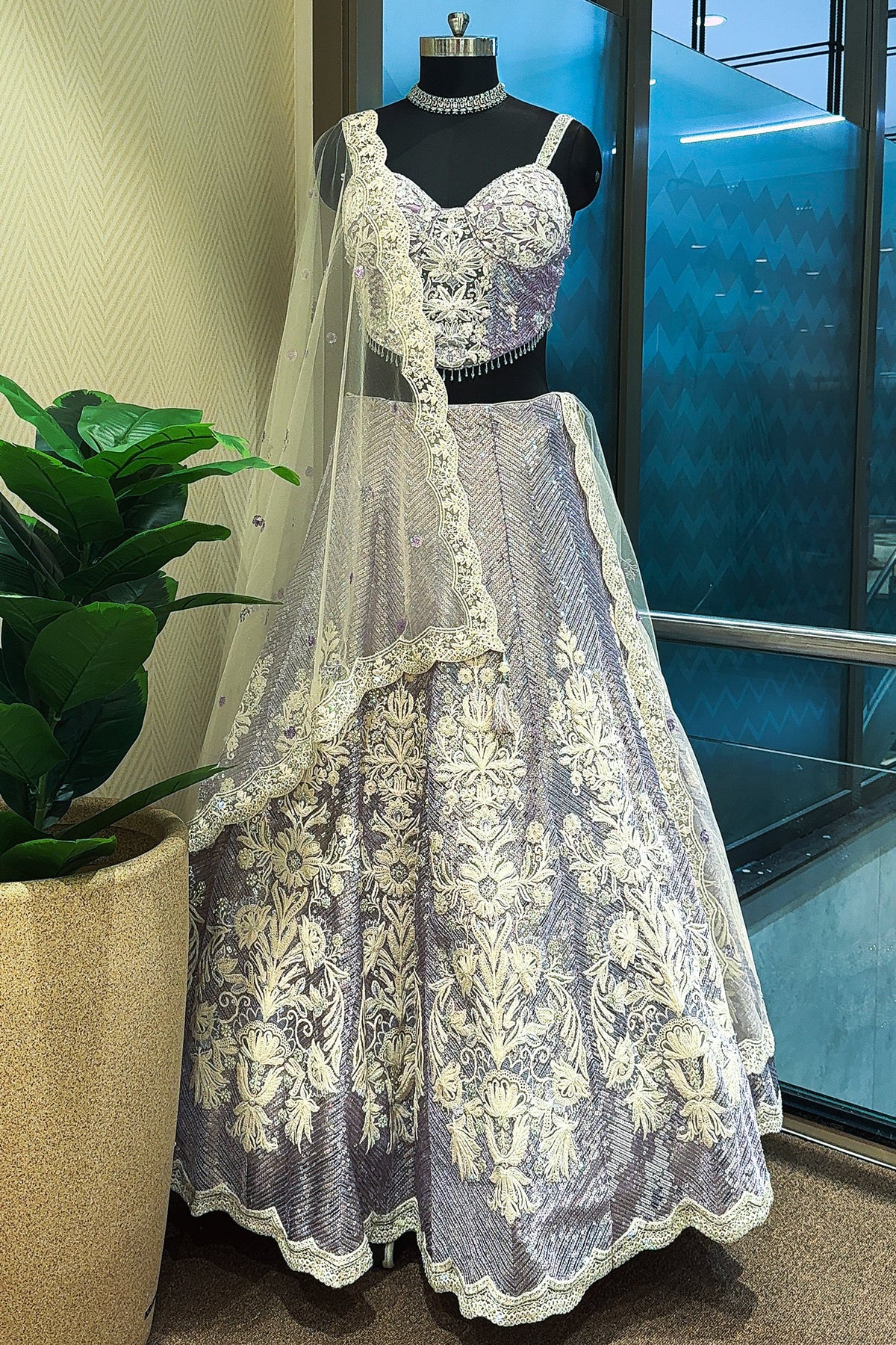 Lavender Purple Net Designer Lehenga with Corset