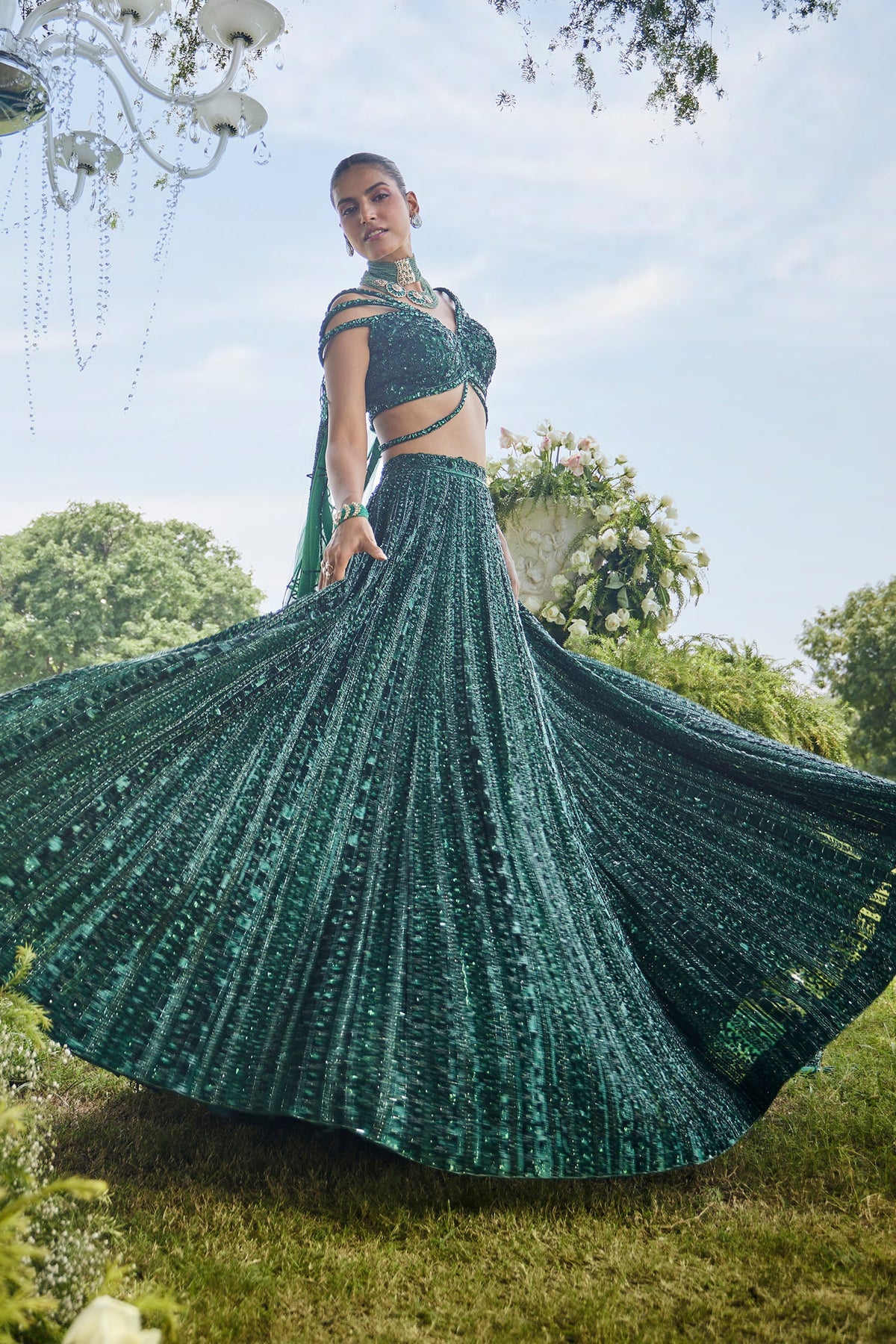 Dark Green Net Designer Sequin Cutdana Worked Lehenga with Embellished Blouse