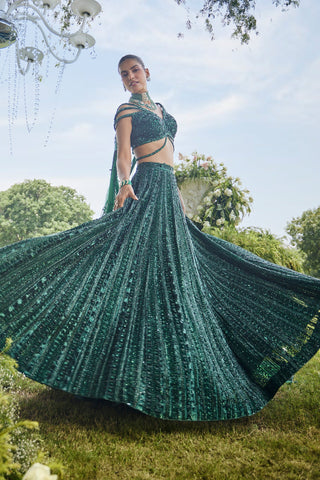 Dark Green Net Designer Sequin Cutdana Worked Lehenga with Embellished Blouse