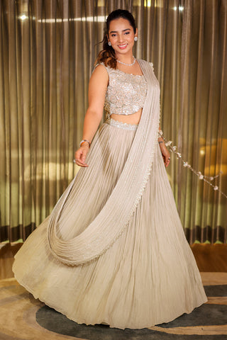 Grey Chinon Silk Sequin Cutdana Work Lehenga with Attached Dupatta