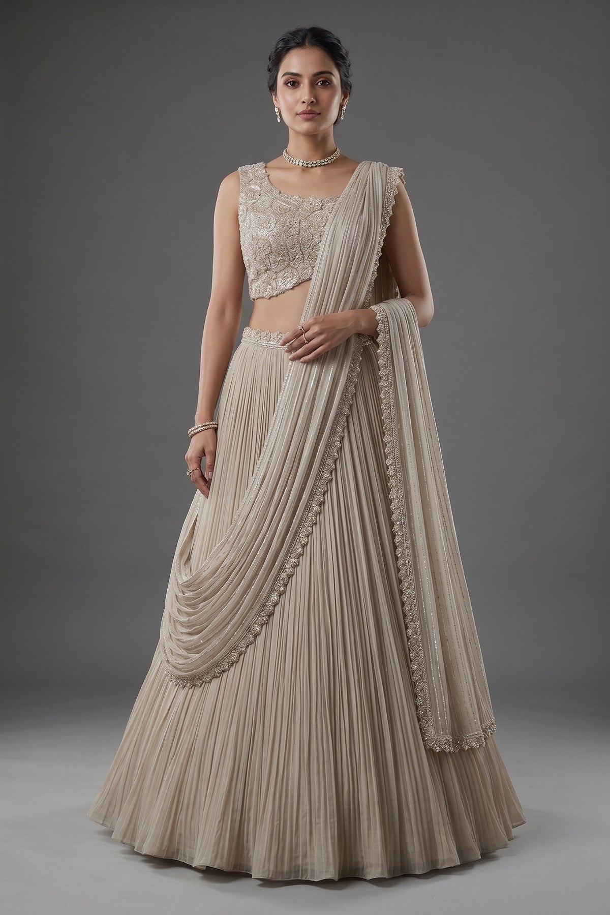 Grey Chinon Silk Sequin Cutdana Work Lehenga with Attached Dupatta