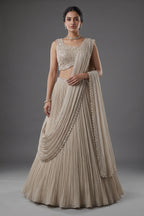 Grey Chinon Silk Sequin Cutdana Work Lehenga with Attached Dupatta