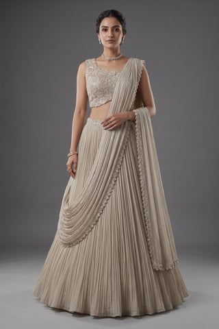 Grey Chinon Silk Sequin Cutdana Work Lehenga with Attached Dupatta