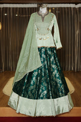 Teal Green Brocade Banarasi Silk Floral Woven Lehenga with Peplum Blouse