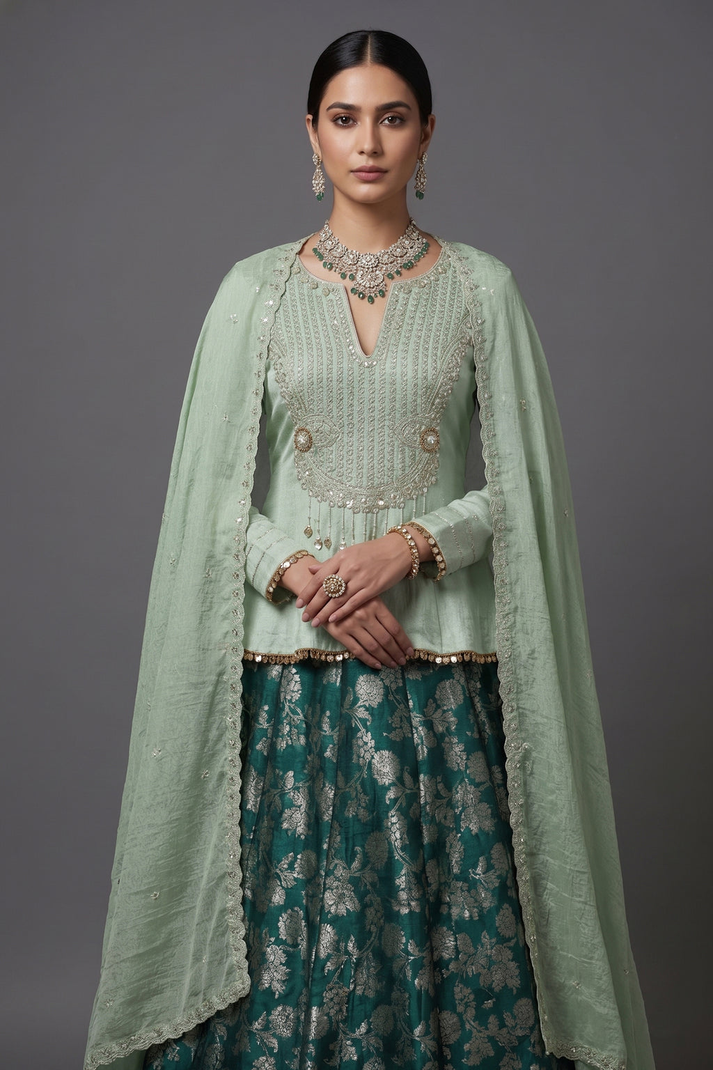 Teal Green Brocade Banarasi Silk Floral Woven Lehenga with Peplum Blouse