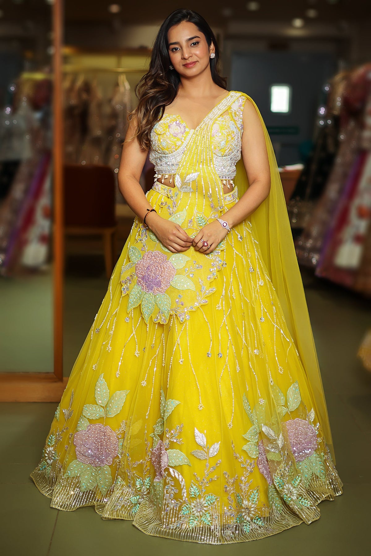 Yellow Net Floral Patch Lehenga with Sequin Beaded Work
