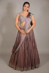 Mauve Chinon Silk Cutdana Sequin Work Lehenga with Attached Dupatta