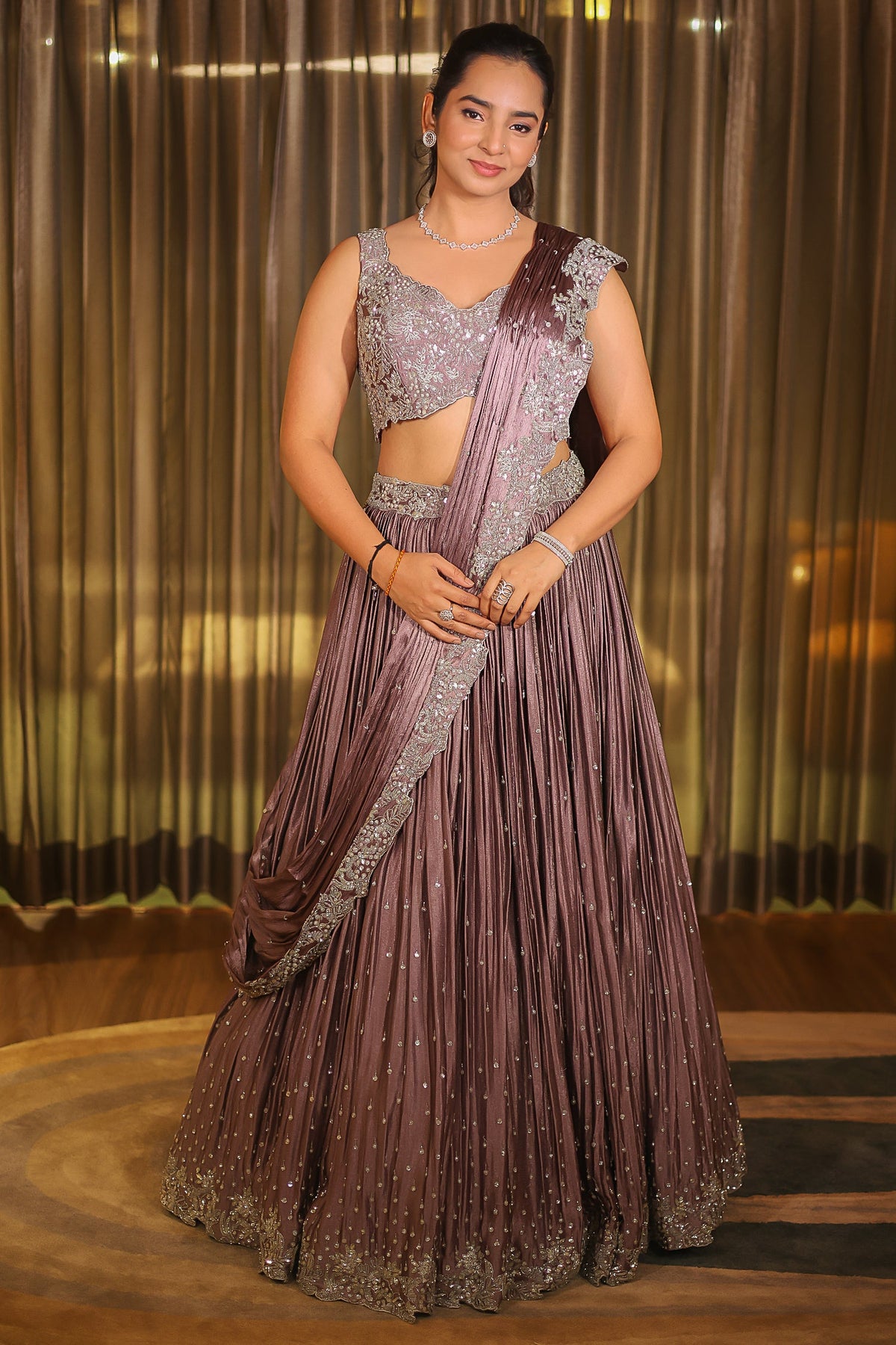 Mauve Chinon Silk Cutdana Sequin Work Lehenga with Attached Dupatta
