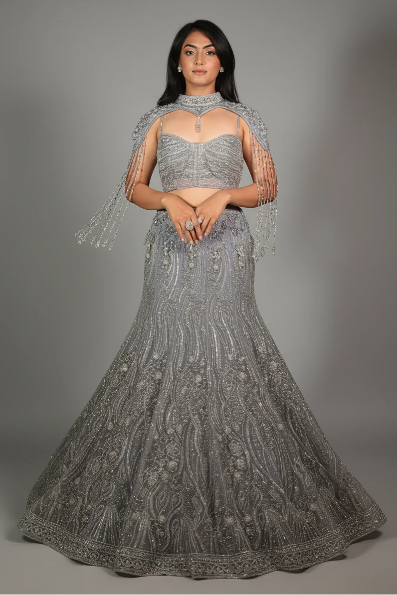 Powder Blue Net Fish Cut Designer Cutdana Sequin Worked Lehenga with Embellished Cape Blouse