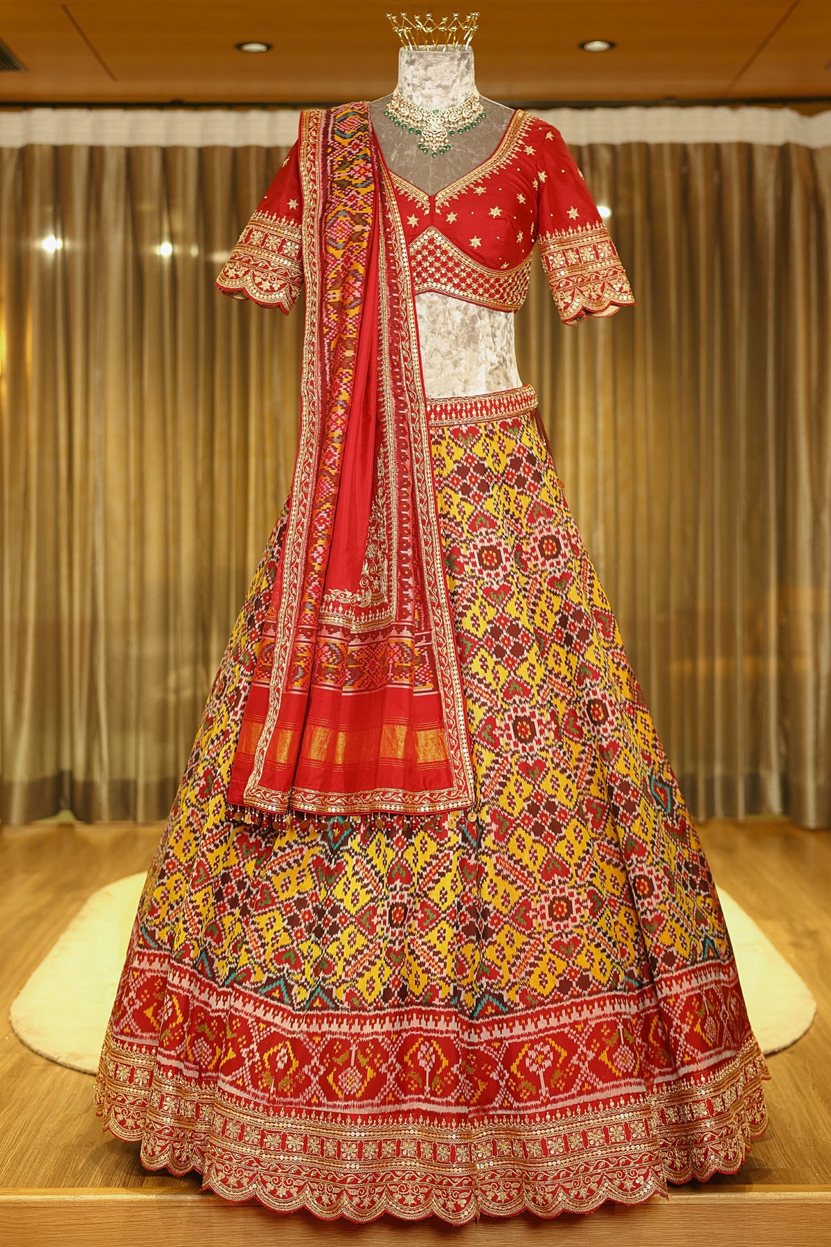 Yellow Silk Traditional Patola Lehenga with Sequin Zardosi Scallop Border
