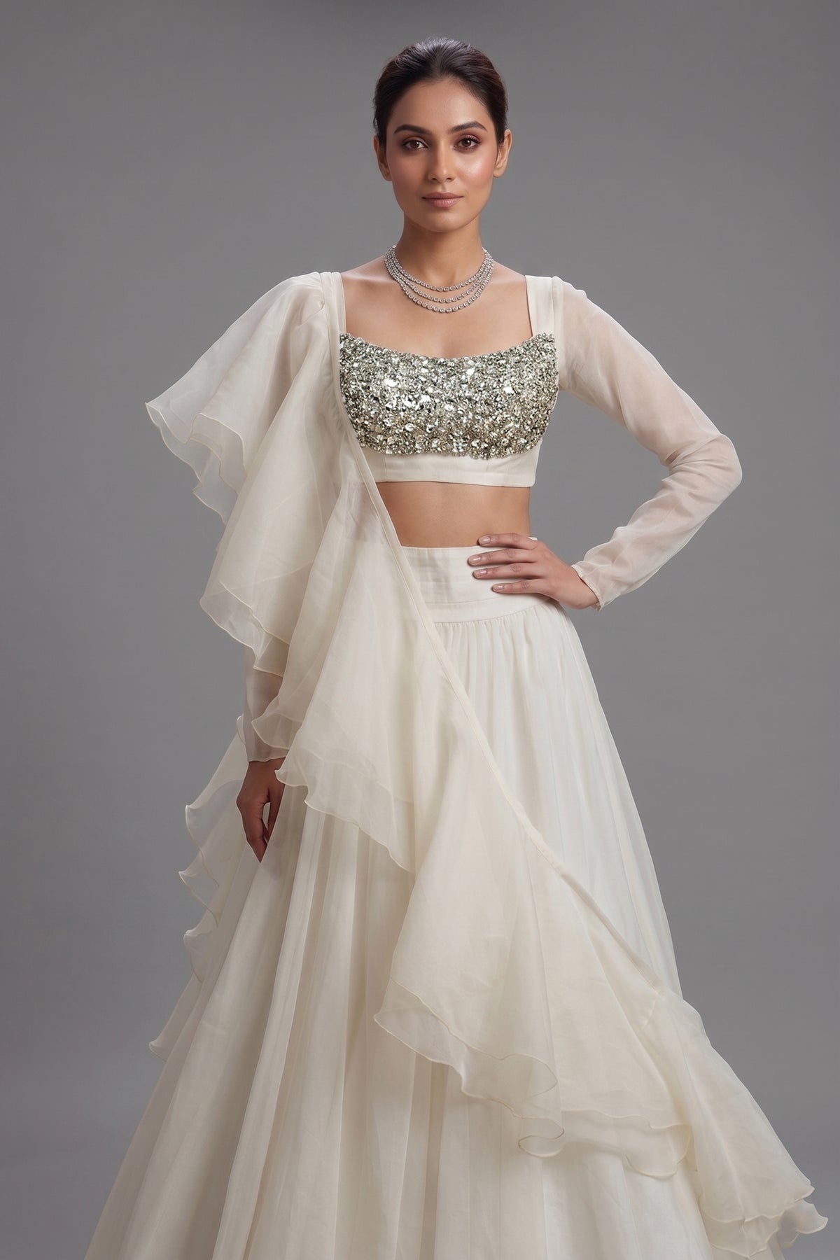 Pearl White Organza Lehenga with Stone Work and Attached Dupatta