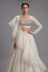 Pearl White Organza Lehenga with Stone Work and Attached Dupatta