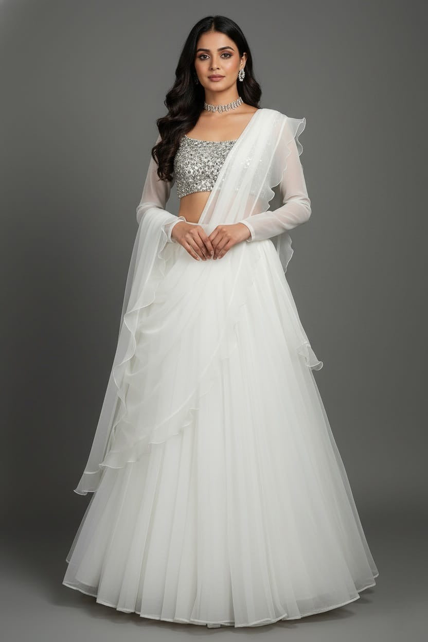 Pearl White Organza Lehenga with Stone Work and Attached Dupatta