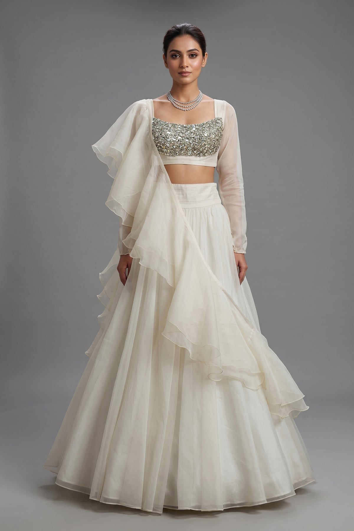 Pearl White Organza Lehenga with Stone Work and Attached Dupatta