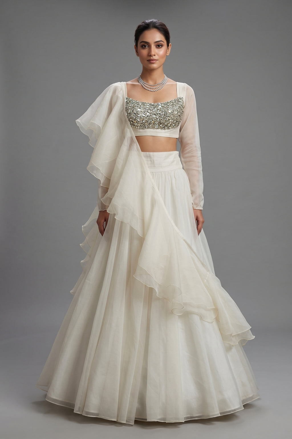 Pearl White Organza Lehenga with Stone Work and Attached Dupatta