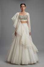 Pearl White Organza Lehenga with Stone Work and Attached Dupatta