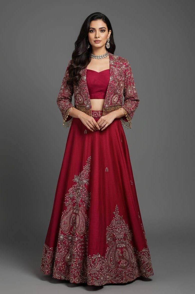 Deep Maroon Designer Handworked Raw Silk Crop Top Lehenga with Jacket