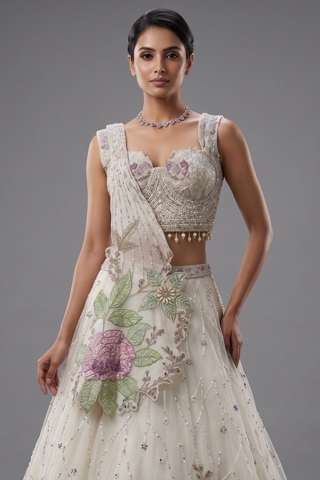 Pearl White Net Floral Patch Lehenga with Sequin Beaded Work