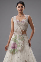 Pearl White Net Floral Patch Lehenga with Sequin Beaded Work