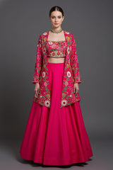 Pink Raw Silk Floral Embroidered and Beads Work Crop Top Lehenga with Jacket