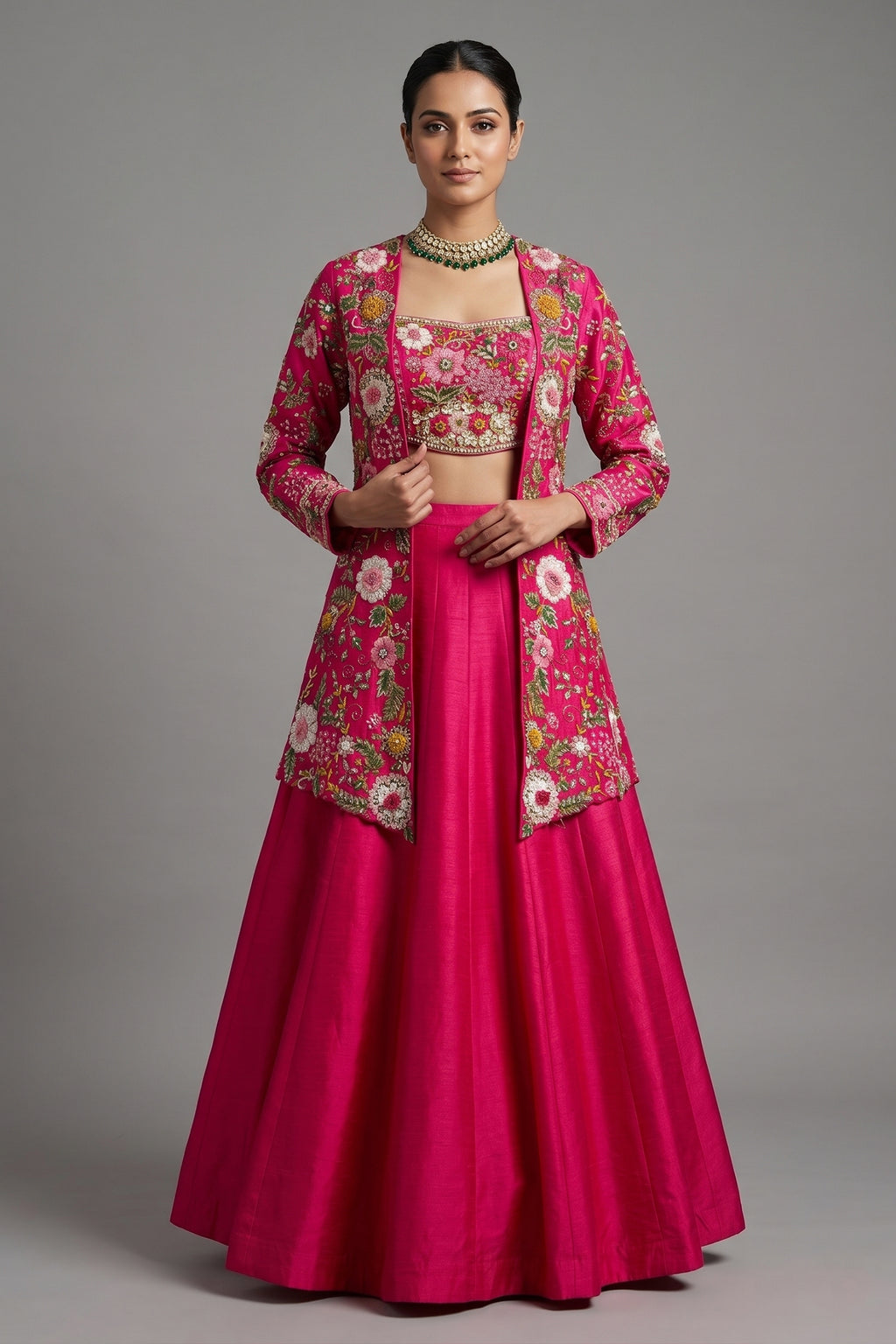 Pink Raw Silk Floral Embroidered and Beads Work Crop Top Lehenga with Jacket