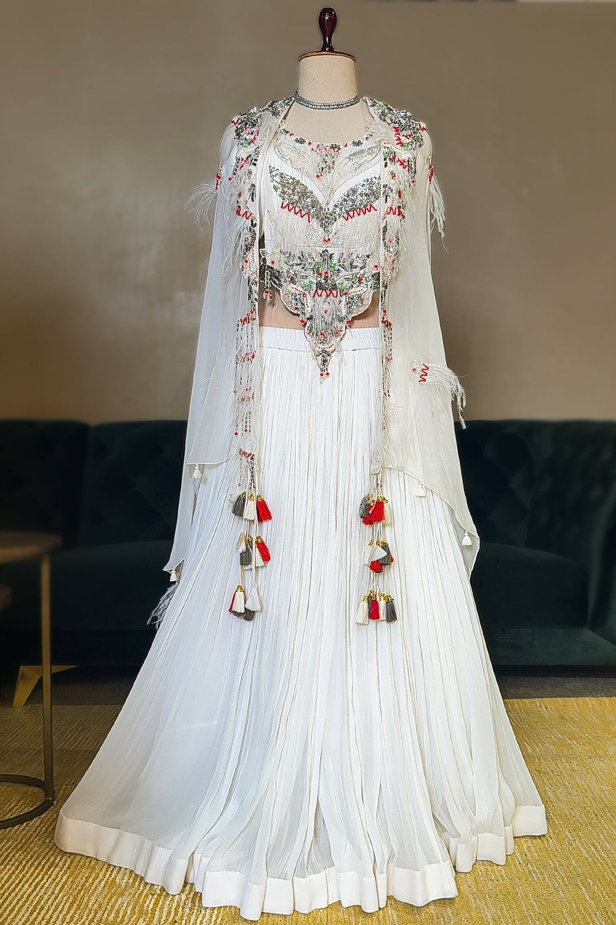 Pearl White Sequin Worked Georgette Crop Top Lehenga with Jacket