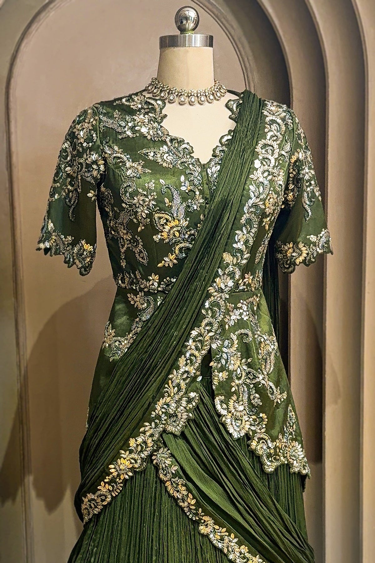 Green Chinon Chiffon Lehenga with Attached Dupatta and Long Top
