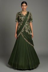 Green Chinon Chiffon Lehenga with Attached Dupatta and Long Top