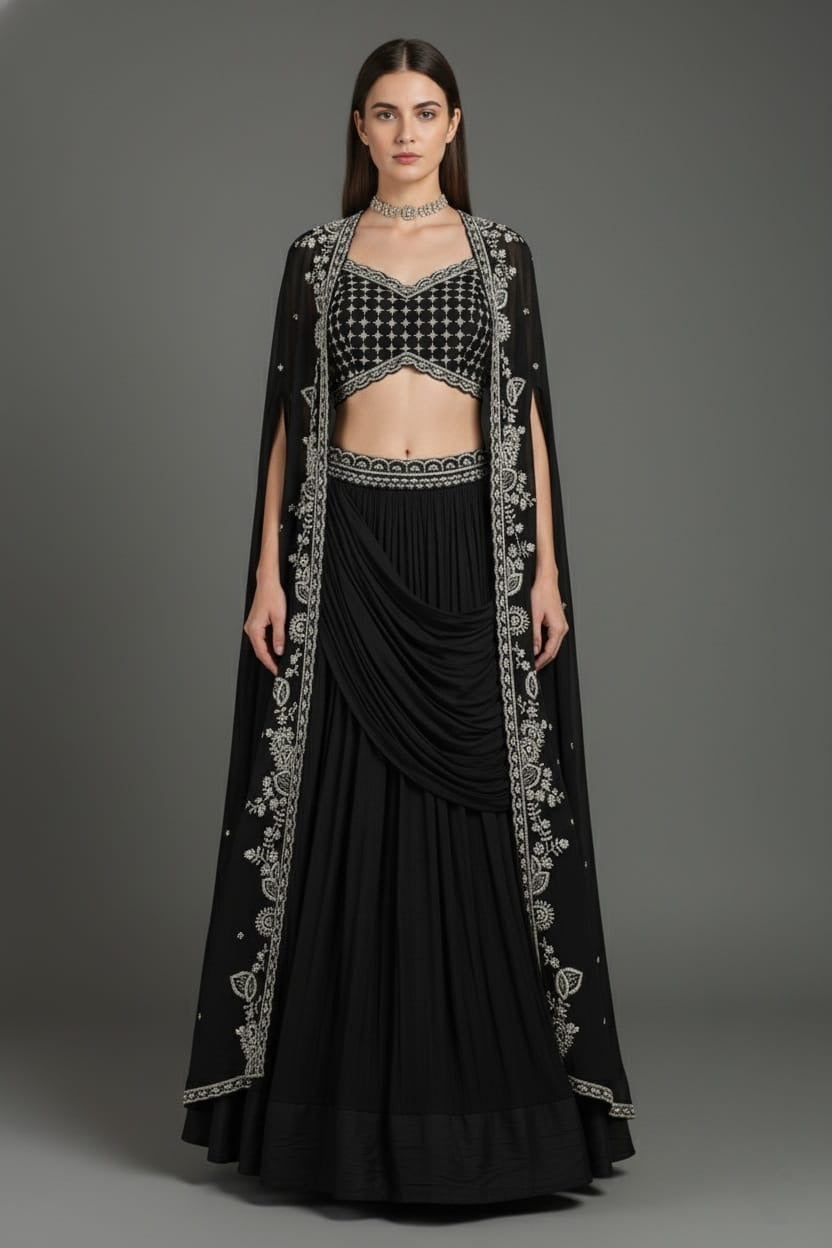 Black Chinon Chiffon Beaded Crop Top Lehenga with Attached Dupatta and Long Jacket