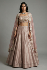 Mauve Silk Designer Sequin Beaded Crop Top Lehenga with Cape Jacket