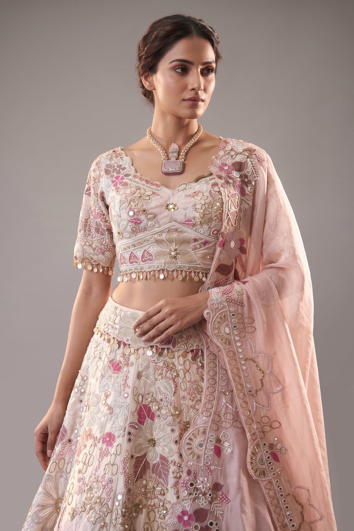 Cream Designer Floral Work Lehenga with Beaded and Mirror Work