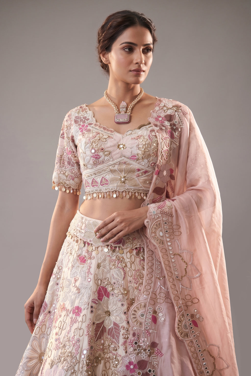 Cream Designer Floral Work Lehenga with Beaded and Mirror Work