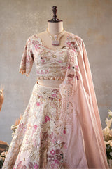 Cream Designer Floral Work Lehenga with Beaded and Mirror Work