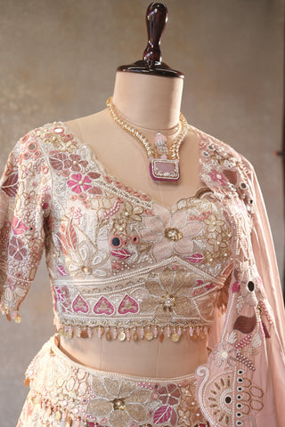 Cream Designer Floral Work Lehenga with Beaded and Mirror Work