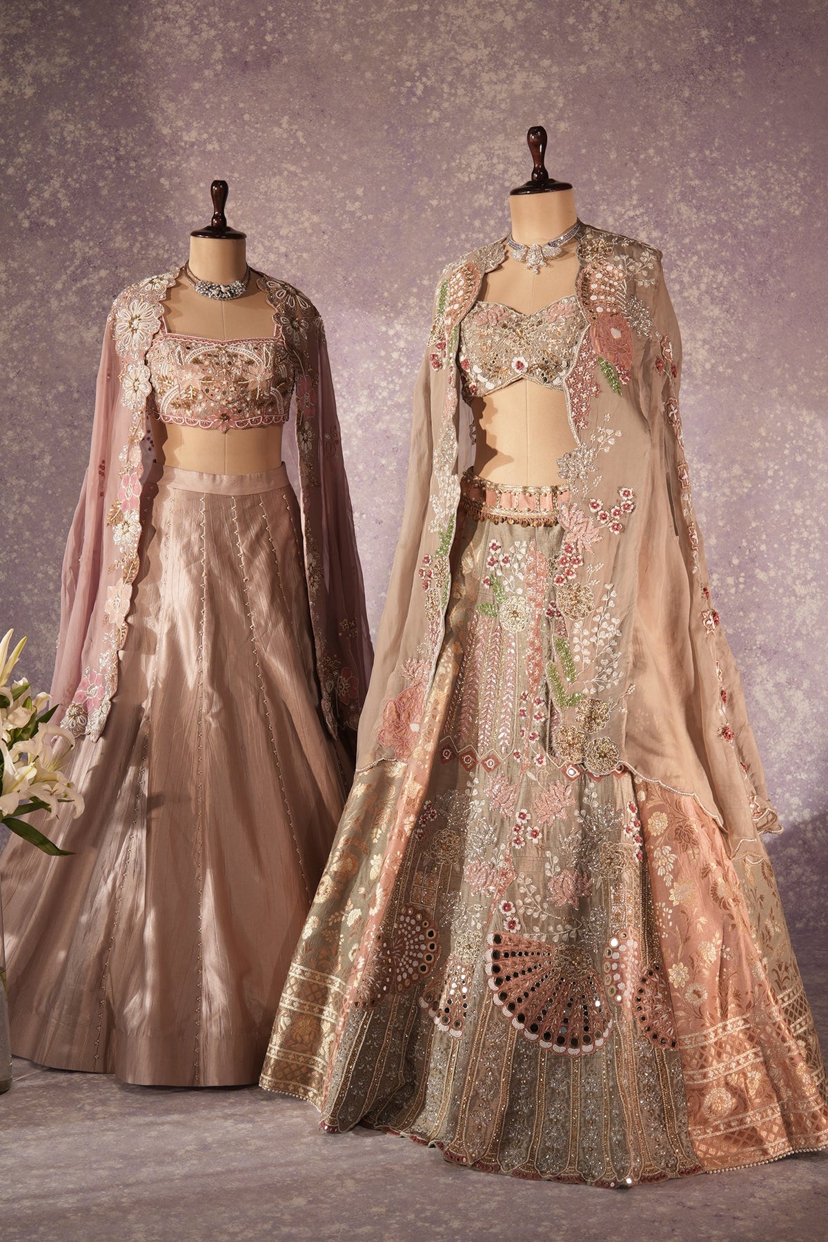 Grey Silk Designer Cutdana Beaded and Mirror Work Crop Top Lehenga with Jacket