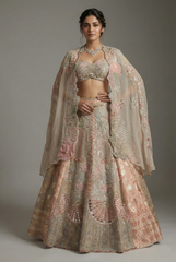 Grey Silk Designer Cutdana Beaded and Mirror Work Crop Top Lehenga with Jacket