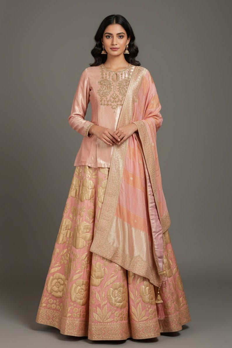 Light Pink Tissue Zardosi Worked Lehenga with Long Top